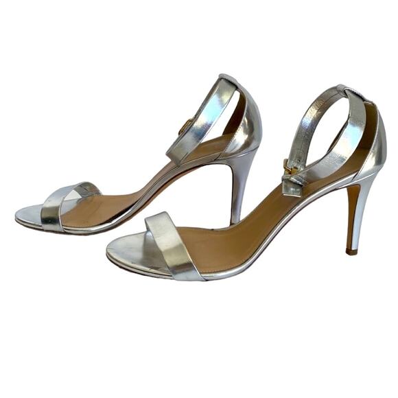 J. Crew Size 9 Silver Heels Ankle one strap Strappy OpenToe Sandals gold buckle - Picture 1 of 16
